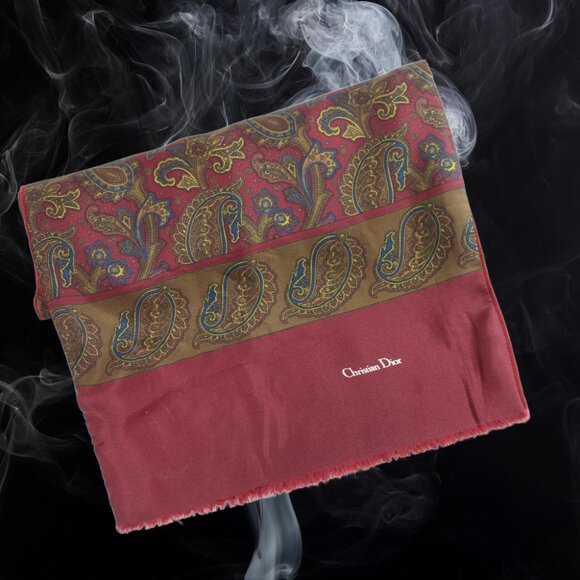 Christian Dior Wine Paisley Silk Face Wool Back Long Rectangle Muffle Scarf - Picture 5 of 7